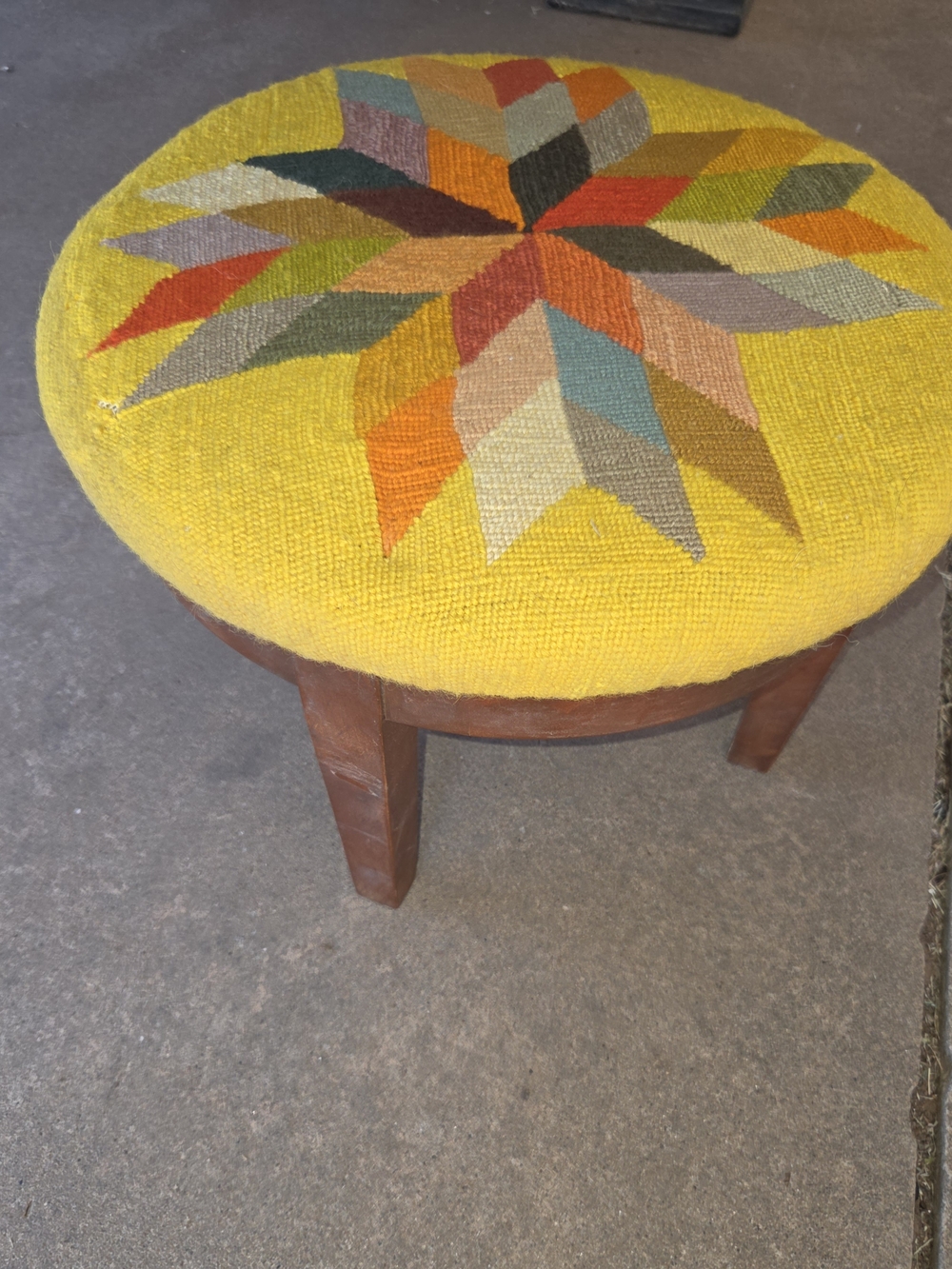 Vintage Mid Century Modern Needlepoint Footstool - Round Geometric
